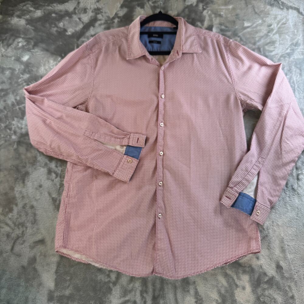 Hugo Boss Men Shirt XL Red White Patterned Long Sleeve Button Down Dress Casual